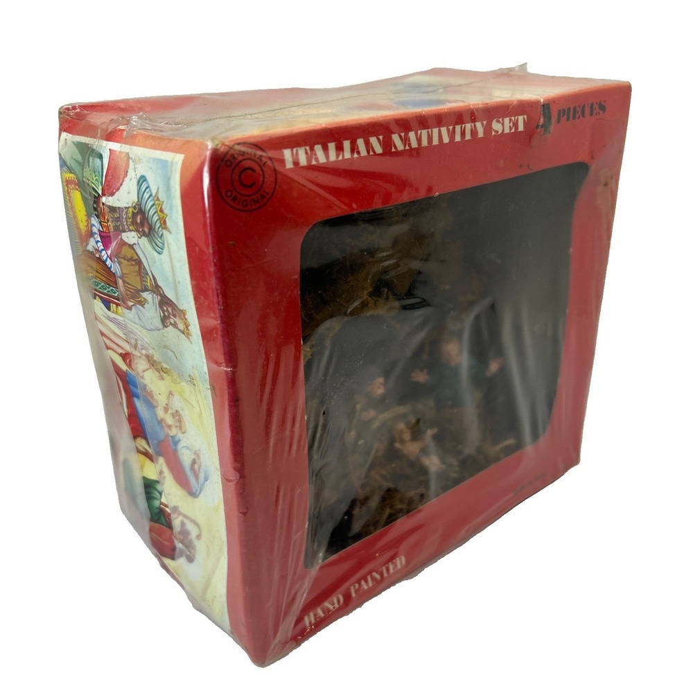 ITALIAN Christmas Nativity Set Wood Stable Moss Hand-Painted Figures Box Damage